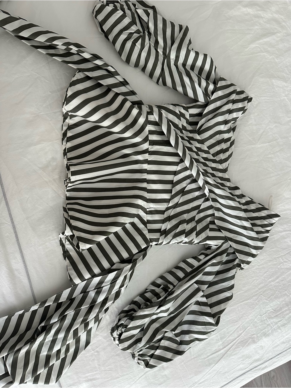 Johanna Ortiz Black and White Striped Puff-Sleeve Blouse